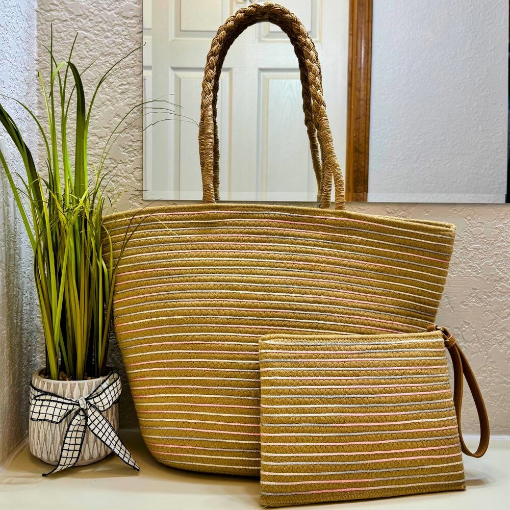 Corded Woven Travel Beach Weekender Tote Shoulder Handbag Matching Pouch